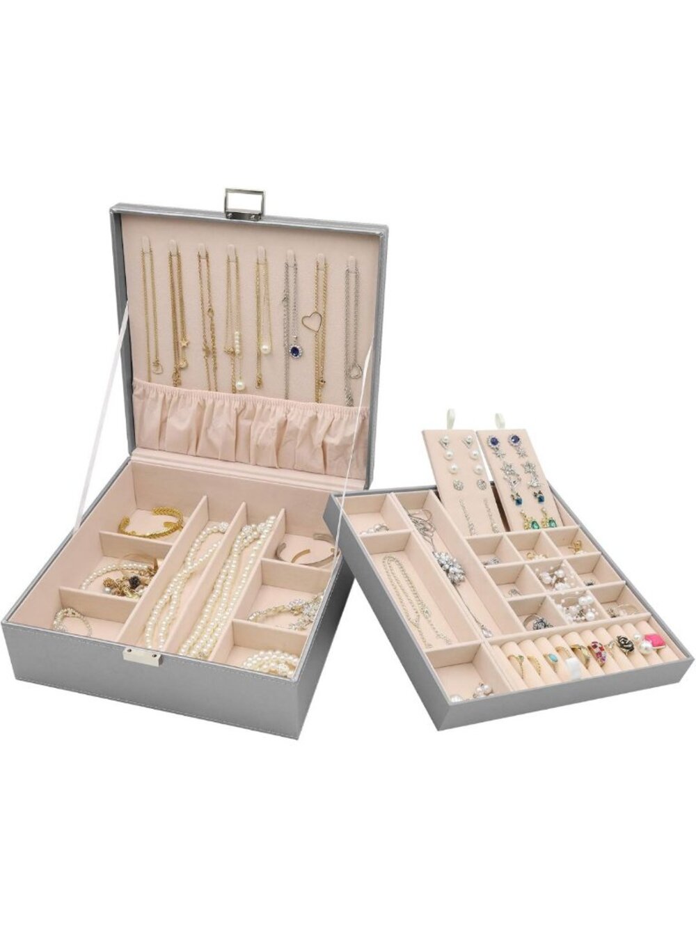 Stylish Grey 2-Layer Jewelry Box for Women - Organizer, Travel-Friendly Storage